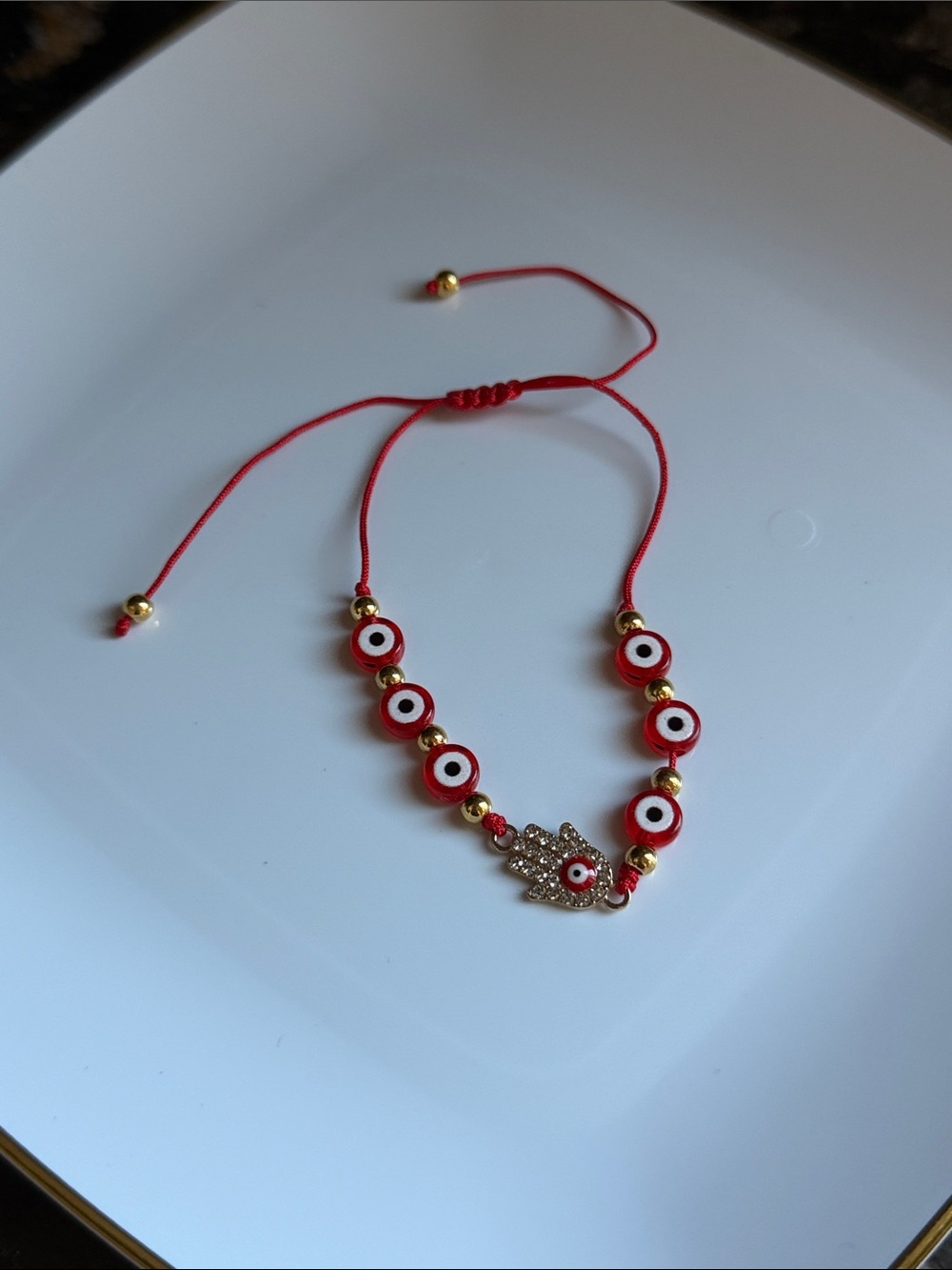 Crystal Hamsa Bracelet with Red Evil Eye Beads Handmade Adjustable Jewelry